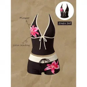 Women Swimwears Polka Dot 2-Piece Tankini Set Halter V Neck Front Tie Cami Top & Contrast Waistband Drawstring Swim Shorts