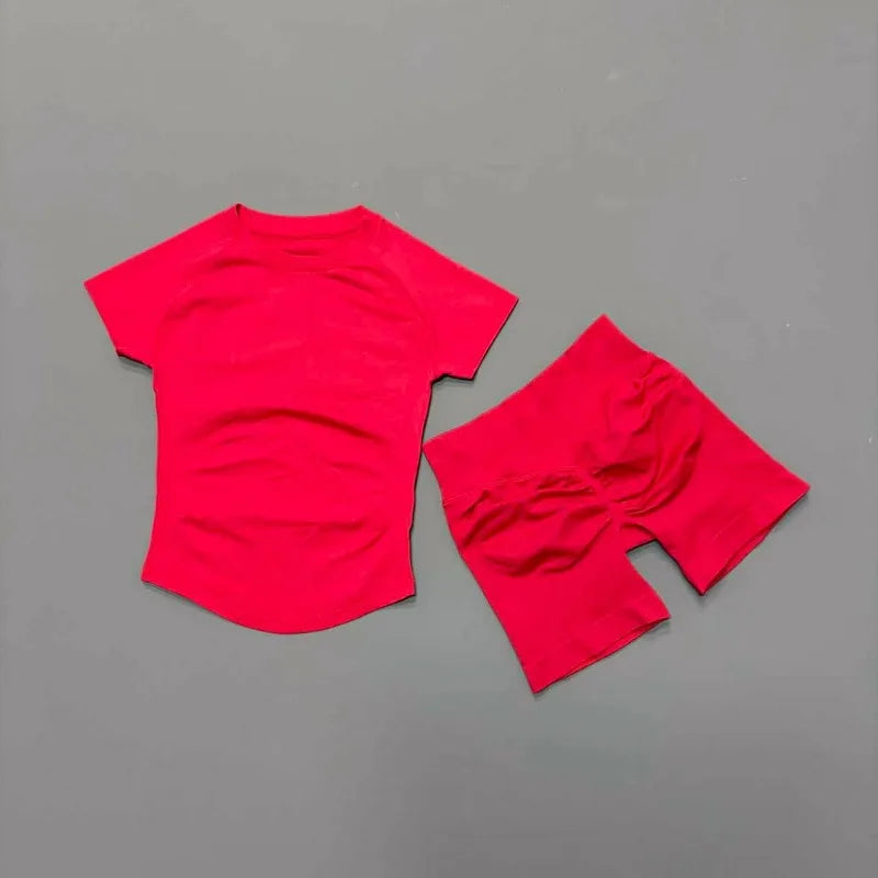 2 Pieces Sports Sets Short Sleeve Seamless Yoga Top Fitness Set Women Workout Running Sports Shorts Gym Suit