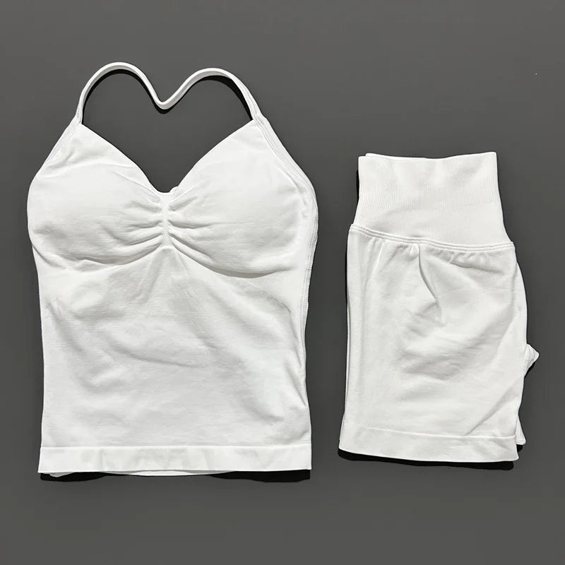 2 Pieces Sports Set Women Backless Tank Yoga Tops High Waist Scrunch Seamless Shorts Sport Gym Set Sportswear Workout Set