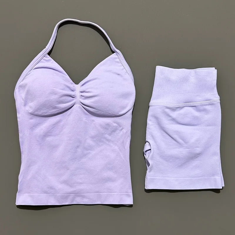 2 Pieces Sports Set Women Backless Tank Yoga Tops High Waist Scrunch Seamless Shorts Sport Gym Set Sportswear Workout Set