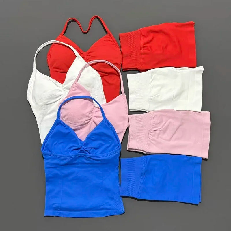 2 Pieces Sports Set Women Backless Tank Yoga Tops High Waist Scrunch Seamless Shorts Sport Gym Set Sportswear Workout Set