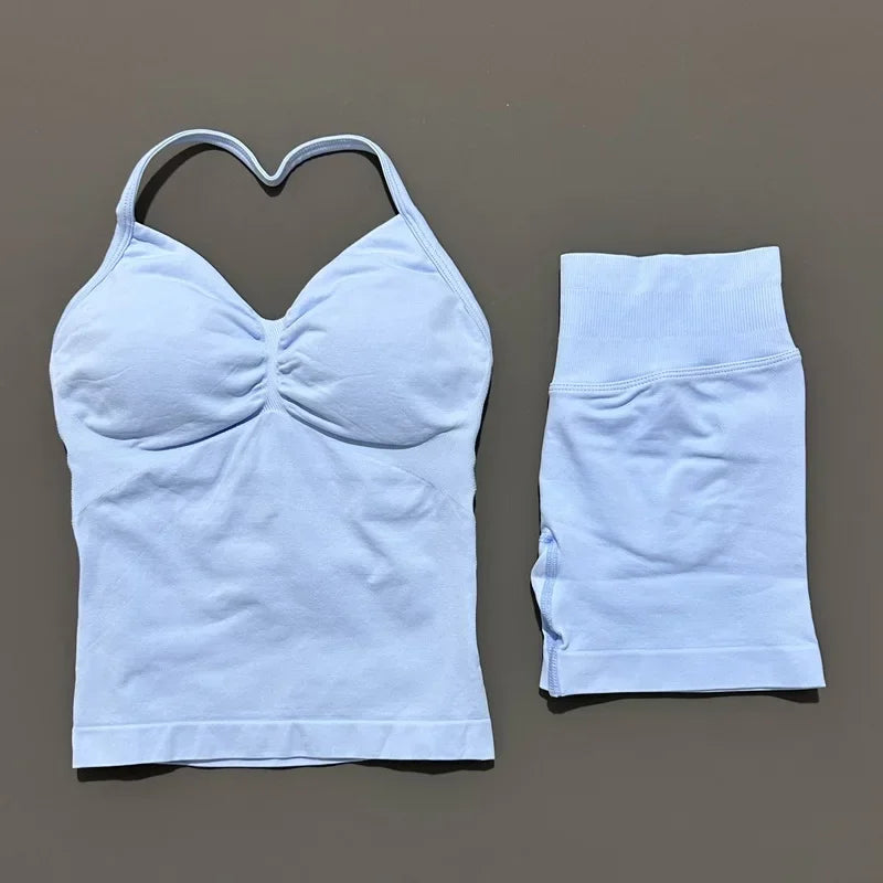2 Pieces Sports Set Women Backless Tank Yoga Tops High Waist Scrunch Seamless Shorts Sport Gym Set Sportswear Workout Set