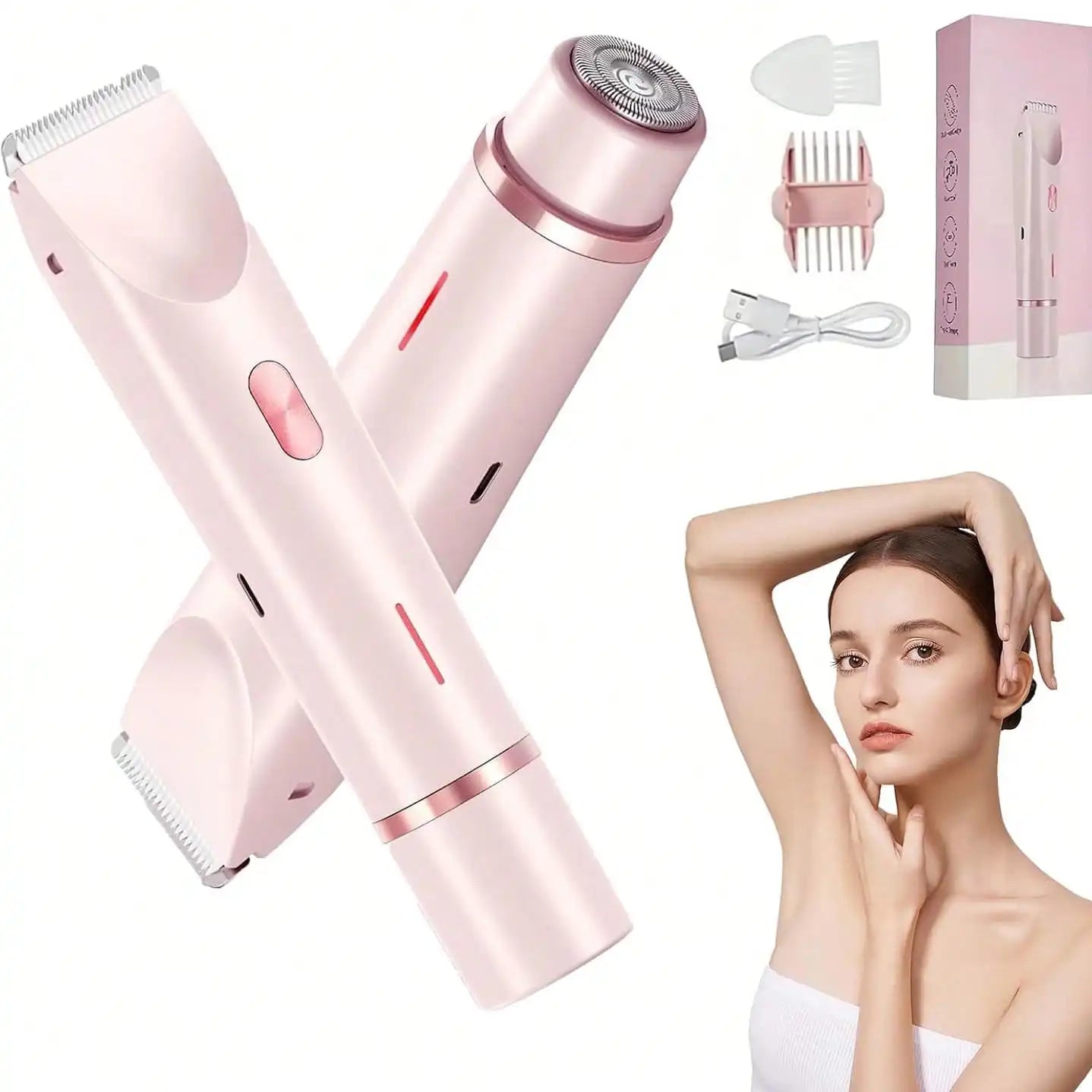 Women's Bikini Trimmer, Dual Head Ladies Hair Removal Trimmer With Ceramic Blades And Type-C Charging Port, Suitable For Women's Intimate Area, Underarms, Legs, Arms And Face