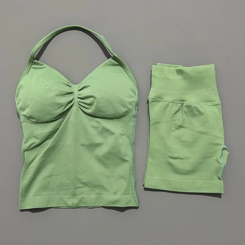 2 Pieces Sports Set Women Backless Tank Yoga Tops High Waist Scrunch Seamless Shorts Sport Gym Set Sportswear Workout Set