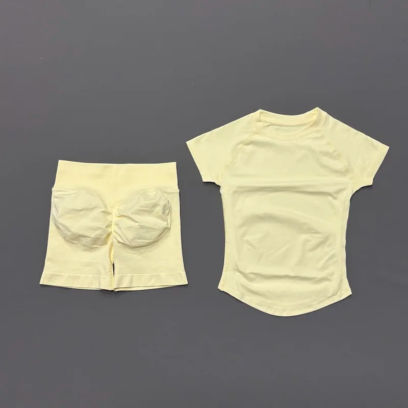 2 Pieces Sports Sets Short Sleeve Seamless Yoga Top Fitness Set Women Workout Running Sports Shorts Gym Suit