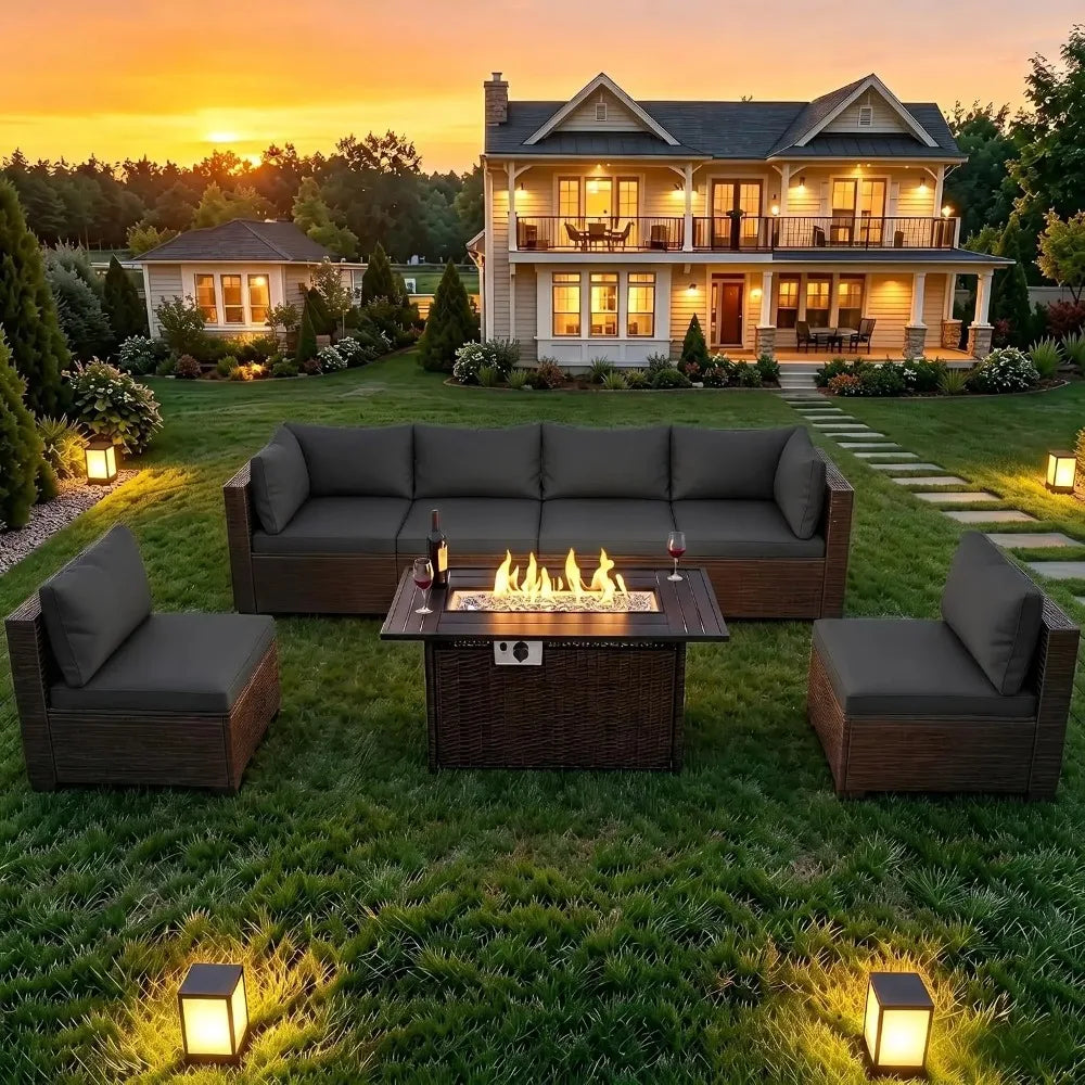 8-Piece Wicker Patio Conversation Set with 44" Propane Fire Pit Table, Cozy Outdoor Sectional Sofa for Backyard, Customized