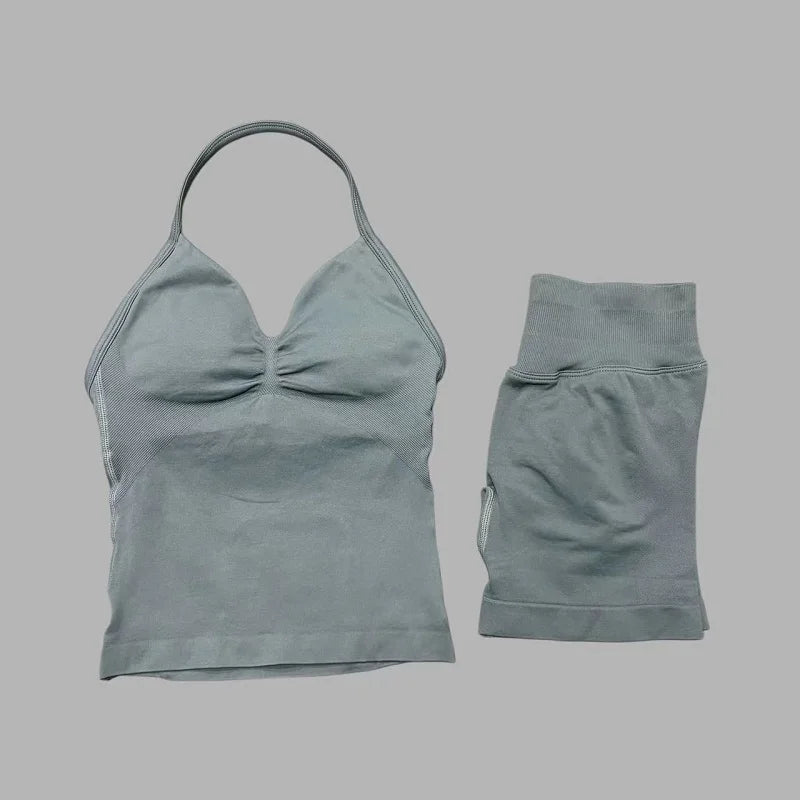 2 Pieces Sports Set Women Backless Tank Yoga Tops High Waist Scrunch Seamless Shorts Sport Gym Set Sportswear Workout Set