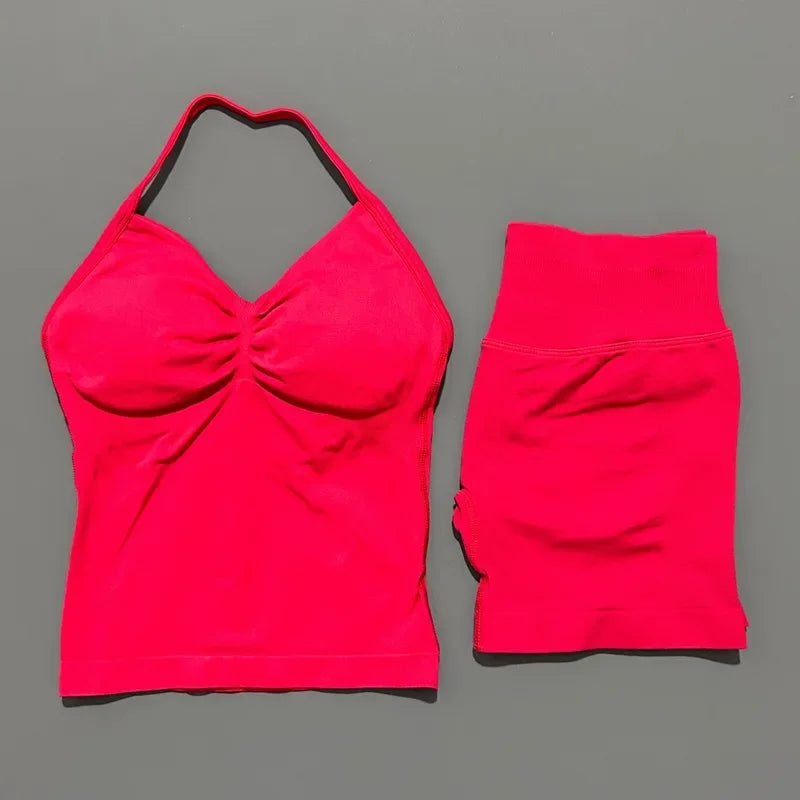 2 Pieces Sports Set Women Backless Tank Yoga Tops High Waist Scrunch Seamless Shorts Sport Gym Set Sportswear Workout Set