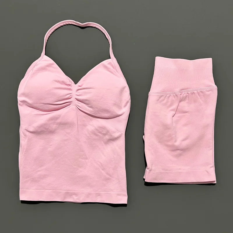 2 Pieces Sports Set Women Backless Tank Yoga Tops High Waist Scrunch Seamless Shorts Sport Gym Set Sportswear Workout Set
