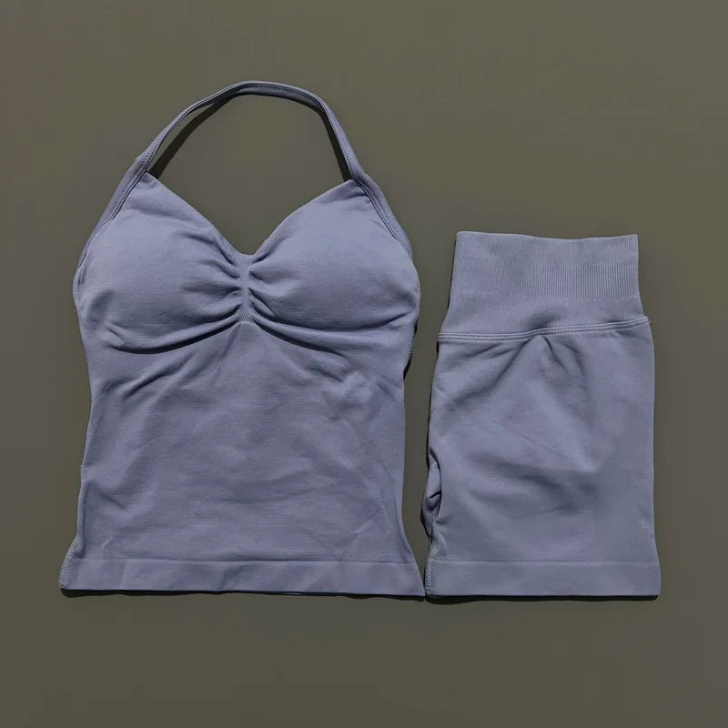 2 Pieces Sports Set Women Backless Tank Yoga Tops High Waist Scrunch Seamless Shorts Sport Gym Set Sportswear Workout Set