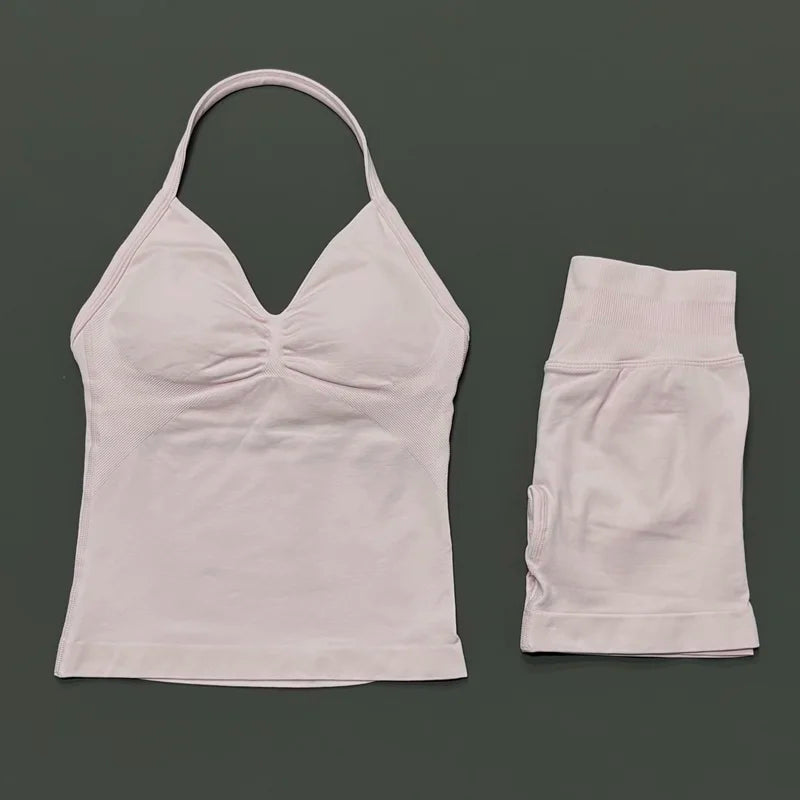 2 Pieces Sports Set Women Backless Tank Yoga Tops High Waist Scrunch Seamless Shorts Sport Gym Set Sportswear Workout Set