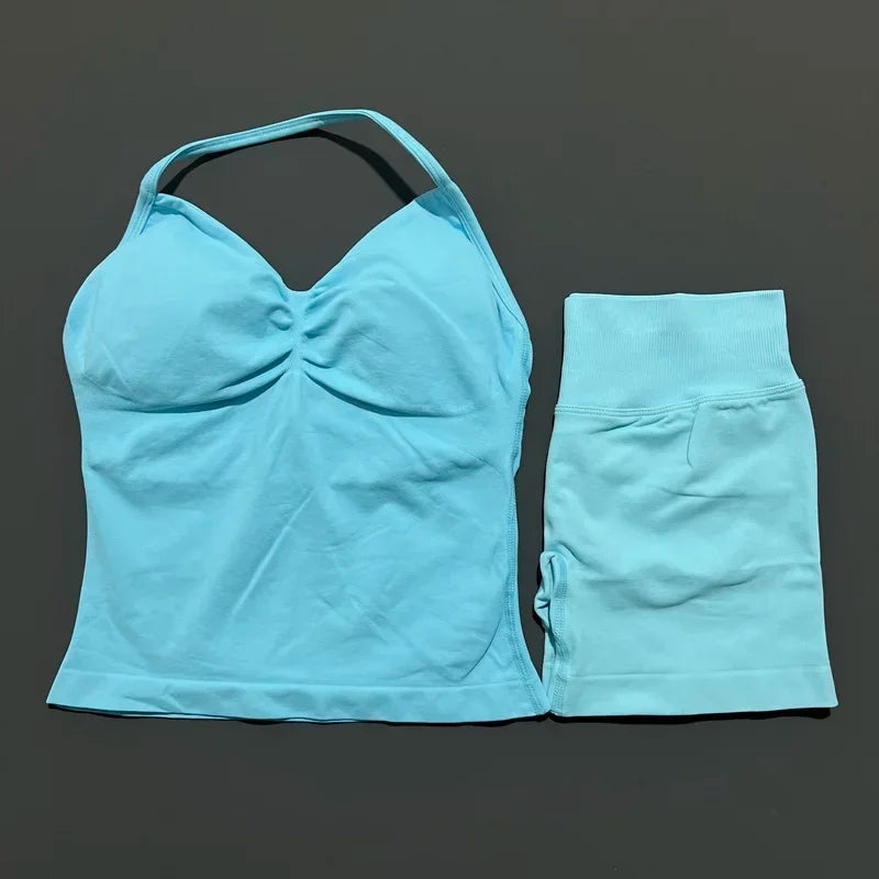 2 Pieces Sports Set Women Backless Tank Yoga Tops High Waist Scrunch Seamless Shorts Sport Gym Set Sportswear Workout Set
