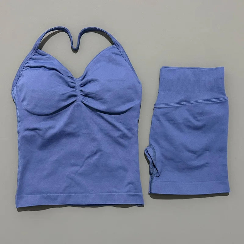 2 Pieces Sports Set Women Backless Tank Yoga Tops High Waist Scrunch Seamless Shorts Sport Gym Set Sportswear Workout Set