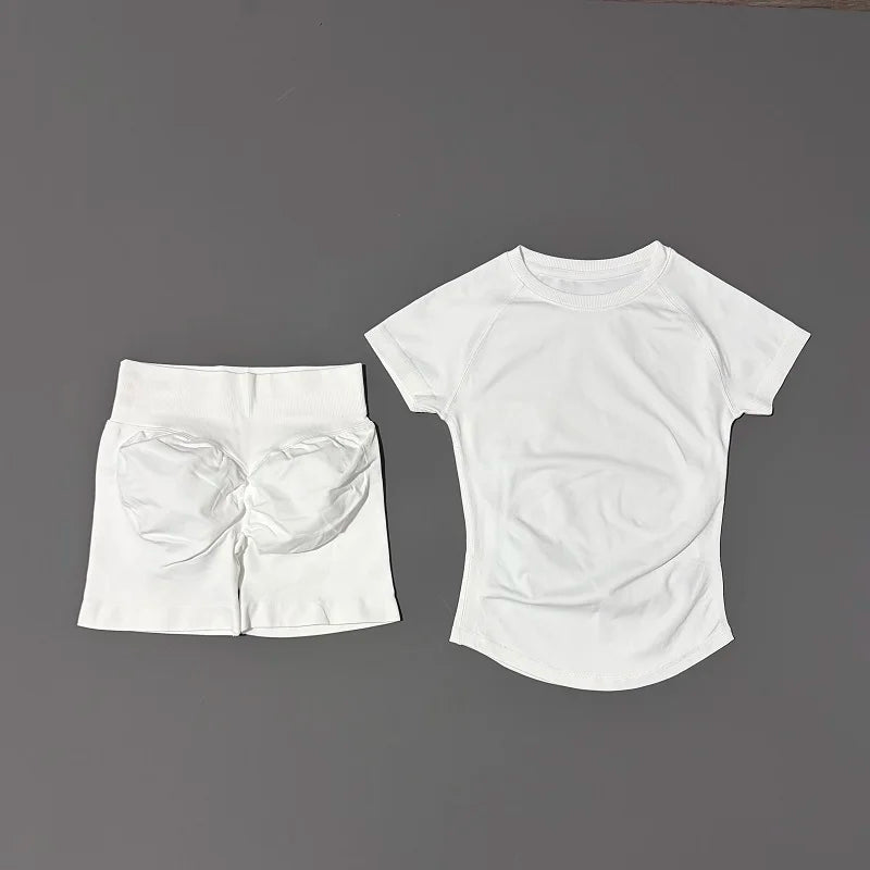 2 Pieces Sports Sets Short Sleeve Seamless Yoga Top Fitness Set Women Workout Running Sports Shorts Gym Suit