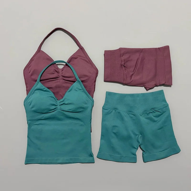 2 Pieces Sports Set Women Backless Tank Yoga Tops High Waist Scrunch Seamless Shorts Sport Gym Set Sportswear Workout Set