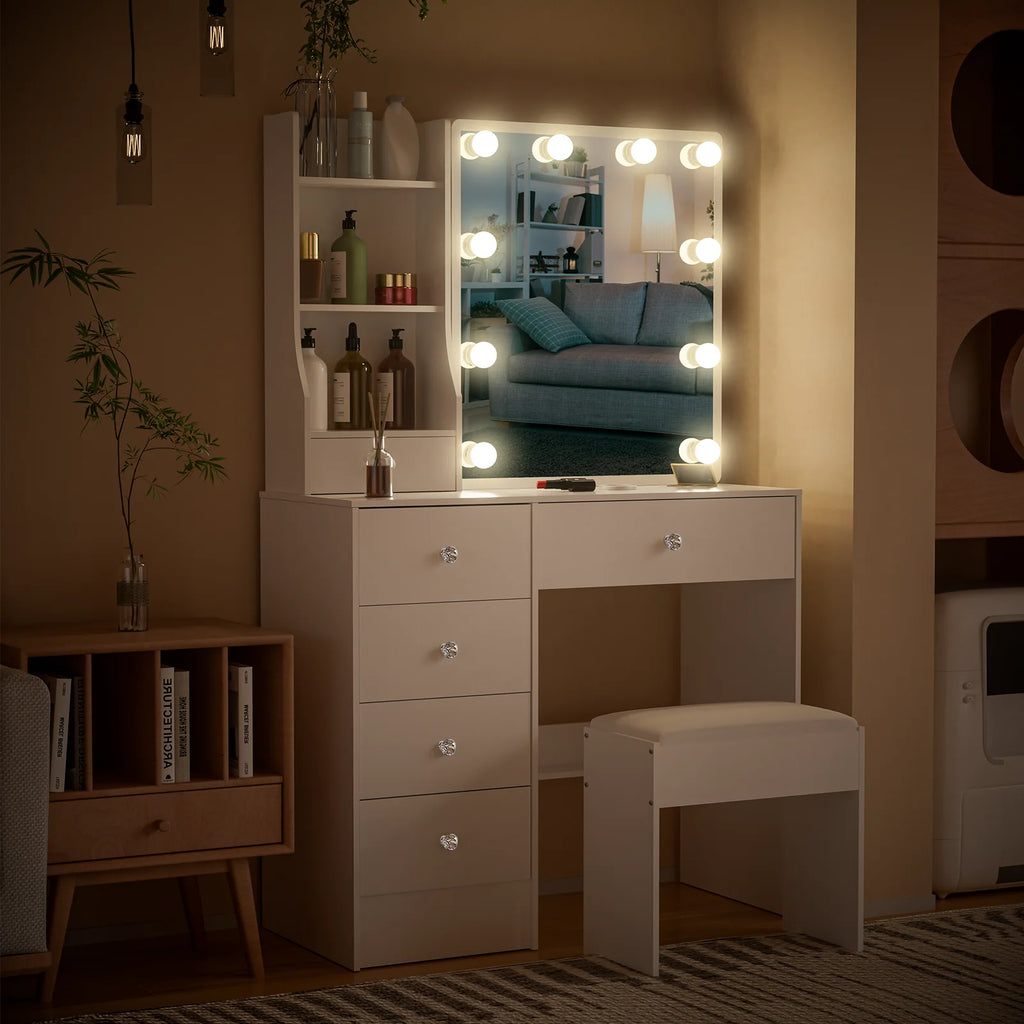 Teousev White LED Makeup Vanity Set with Sliding Mirror, 3-Color Dimmable Lights, 6 Drawers & Stool, Modern Dressing Table
