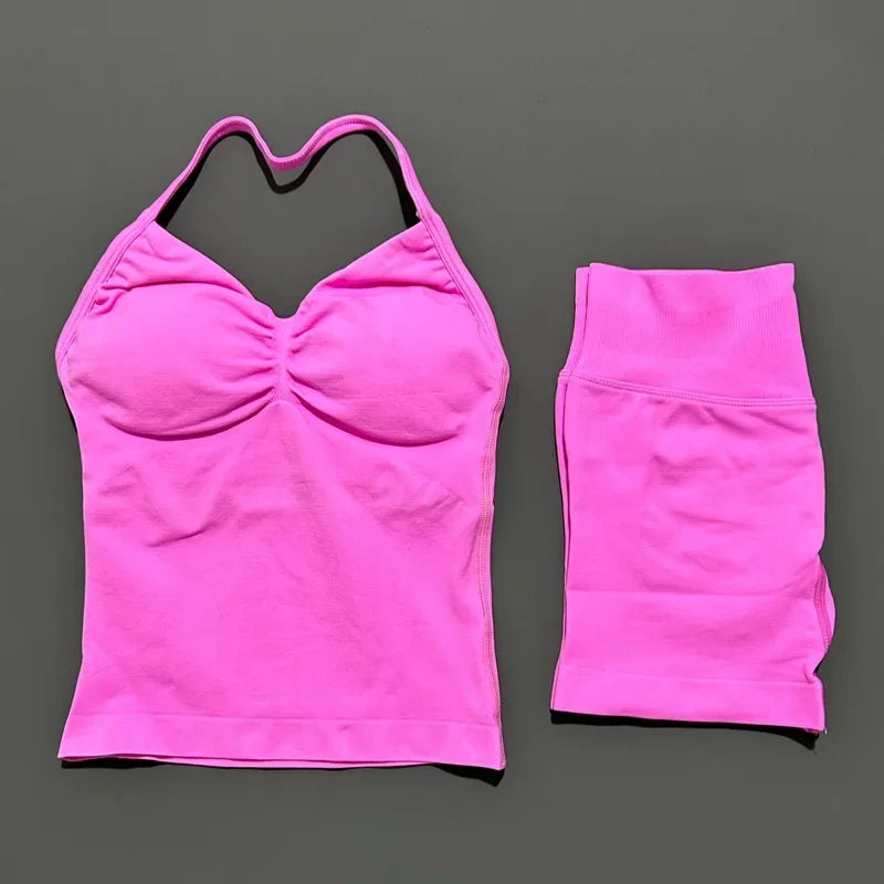 2 Pieces Sports Set Women Backless Tank Yoga Tops High Waist Scrunch Seamless Shorts Sport Gym Set Sportswear Workout Set
