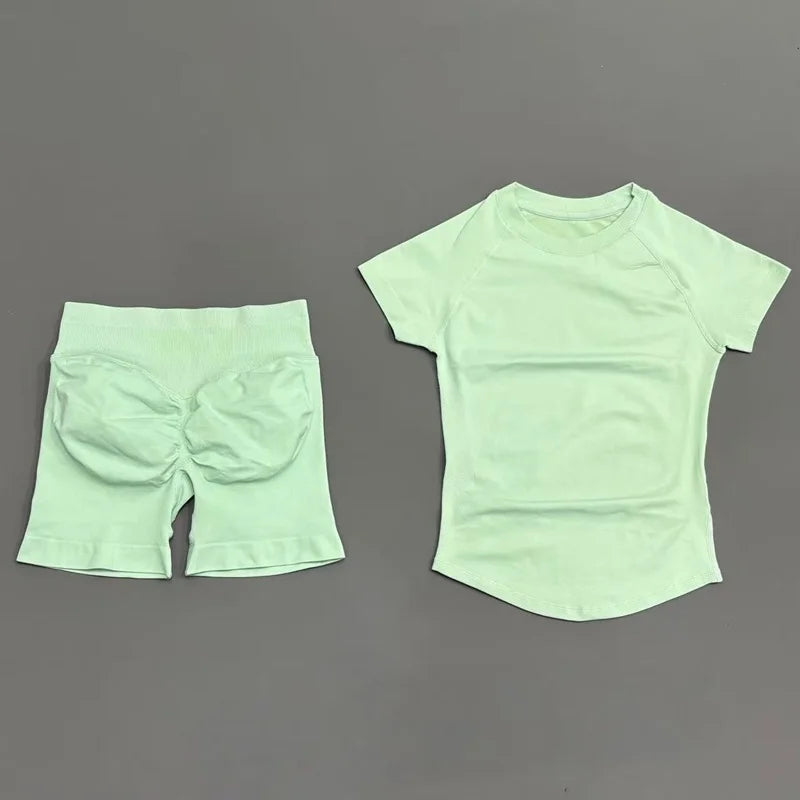 2 Pieces Sports Sets Short Sleeve Seamless Yoga Top Fitness Set Women Workout Running Sports Shorts Gym Suit