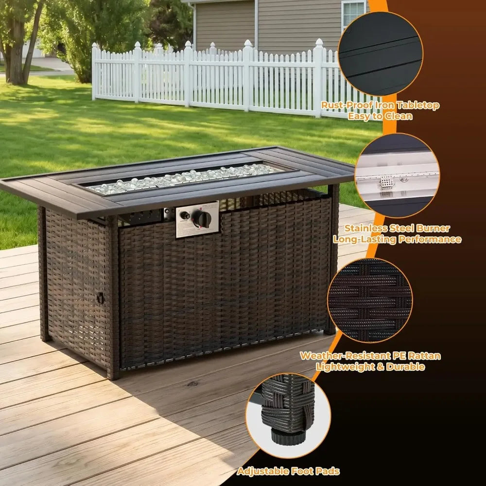 8-Piece Wicker Patio Conversation Set with 44" Propane Fire Pit Table, Cozy Outdoor Sectional Sofa for Backyard, Customized