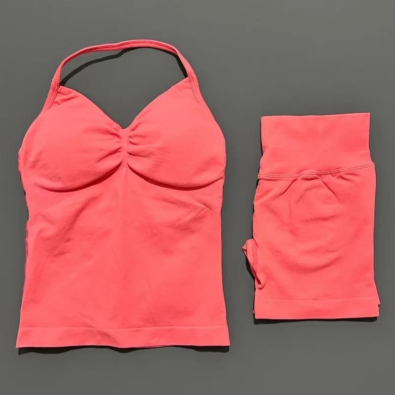 2 Pieces Sports Set Women Backless Tank Yoga Tops High Waist Scrunch Seamless Shorts Sport Gym Set Sportswear Workout Set