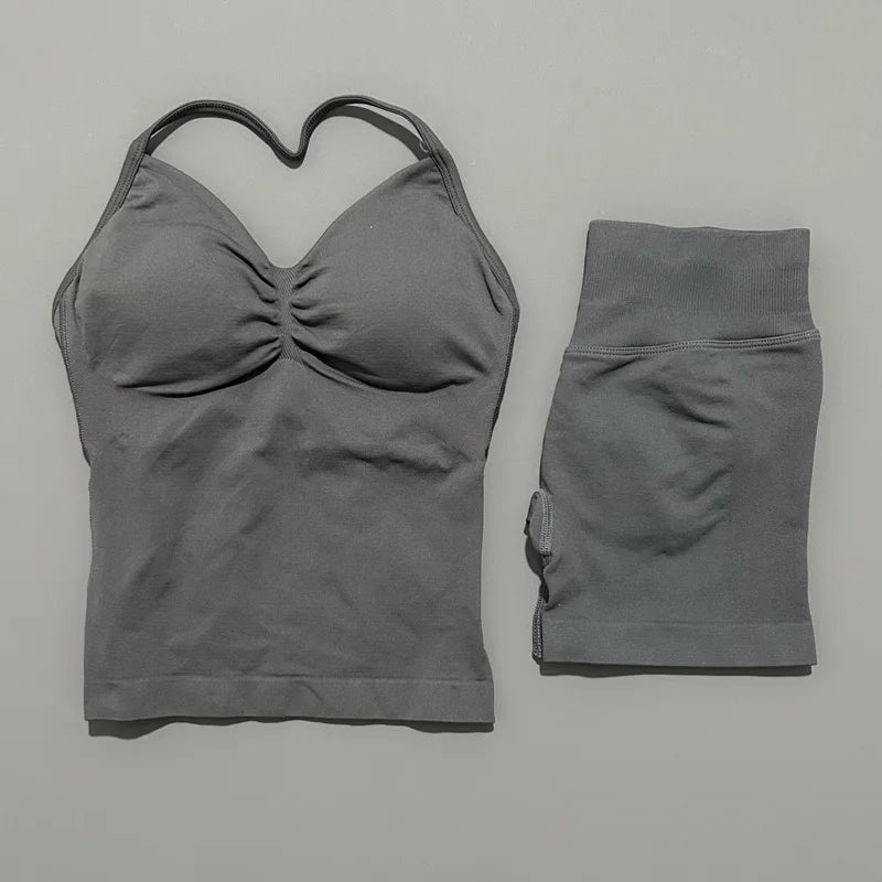 2 Pieces Sports Set Women Backless Tank Yoga Tops High Waist Scrunch Seamless Shorts Sport Gym Set Sportswear Workout Set