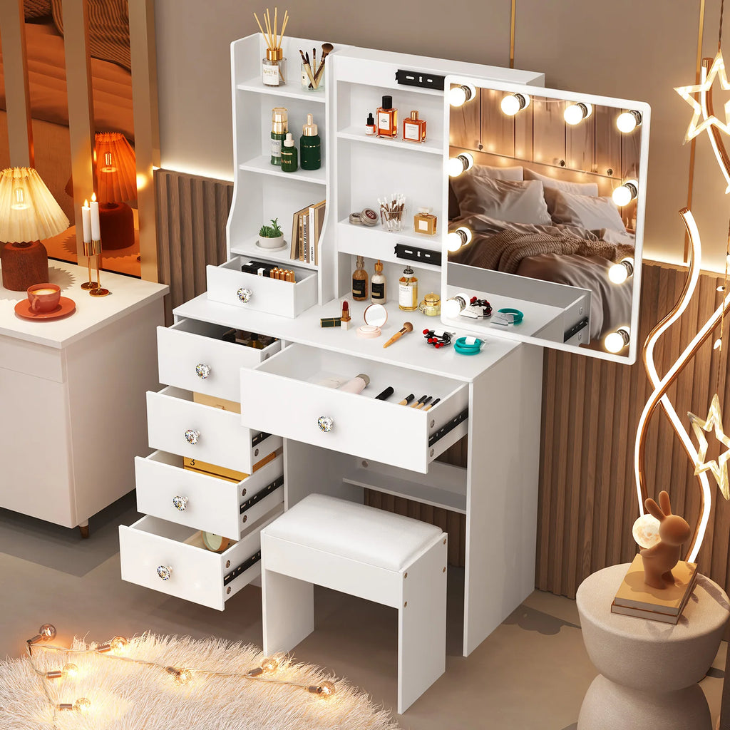 Teousev White LED Makeup Vanity Set with Sliding Mirror, 3-Color Dimmable Lights, 6 Drawers & Stool, Modern Dressing Table
