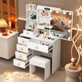 Teousev White LED Makeup Vanity Set with Sliding Mirror, 3-Color Dimmable Lights, 6 Drawers & Stool, Modern Dressing Table