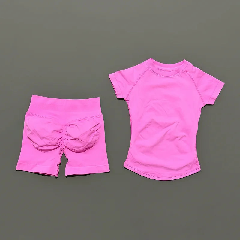 2 Pieces Sports Sets Short Sleeve Seamless Yoga Top Fitness Set Women Workout Running Sports Shorts Gym Suit