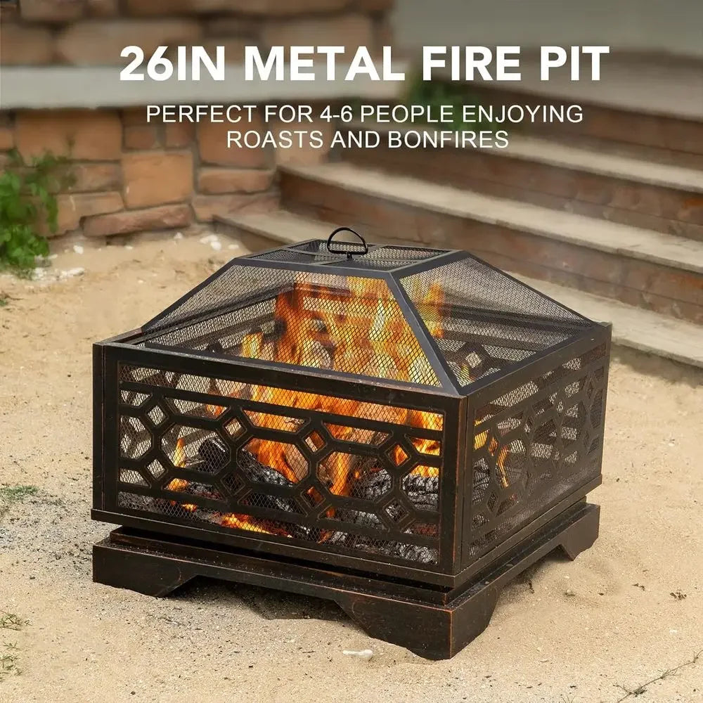 Large 26 Wood-Burning Fire Pit with Mesh Cover and Fire Poker for Outdoor Patio, Backyard, and Bonfire Gatherings