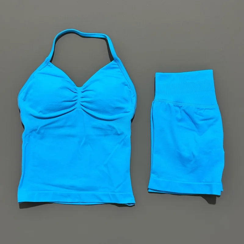 2 Pieces Sports Set Women Backless Tank Yoga Tops High Waist Scrunch Seamless Shorts Sport Gym Set Sportswear Workout Set