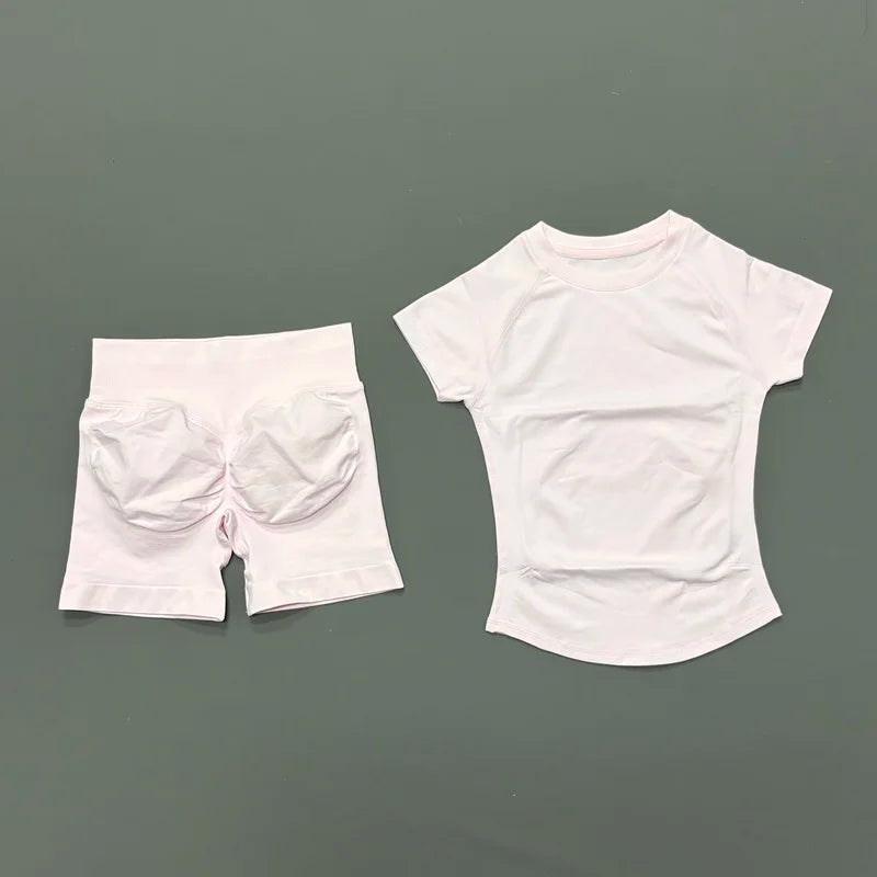 2 Pieces Sports Sets Short Sleeve Seamless Yoga Top Fitness Set Women Workout Running Sports Shorts Gym Suit
