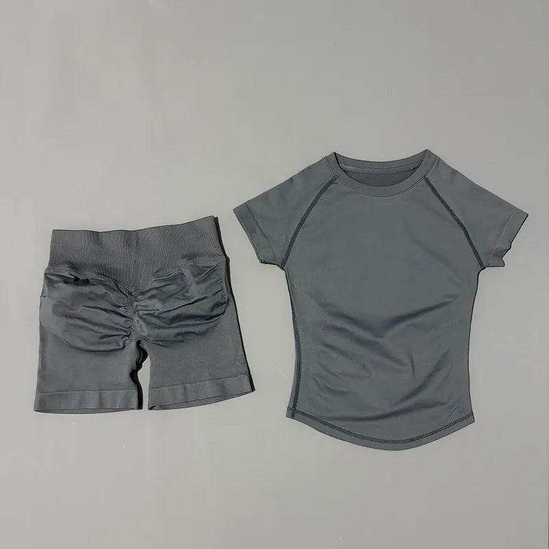 2 Pieces Sports Sets Short Sleeve Seamless Yoga Top Fitness Set Women Workout Running Sports Shorts Gym Suit