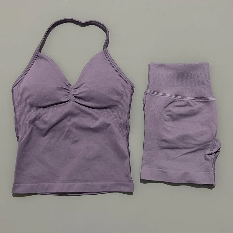 2 Pieces Sports Set Women Backless Tank Yoga Tops High Waist Scrunch Seamless Shorts Sport Gym Set Sportswear Workout Set
