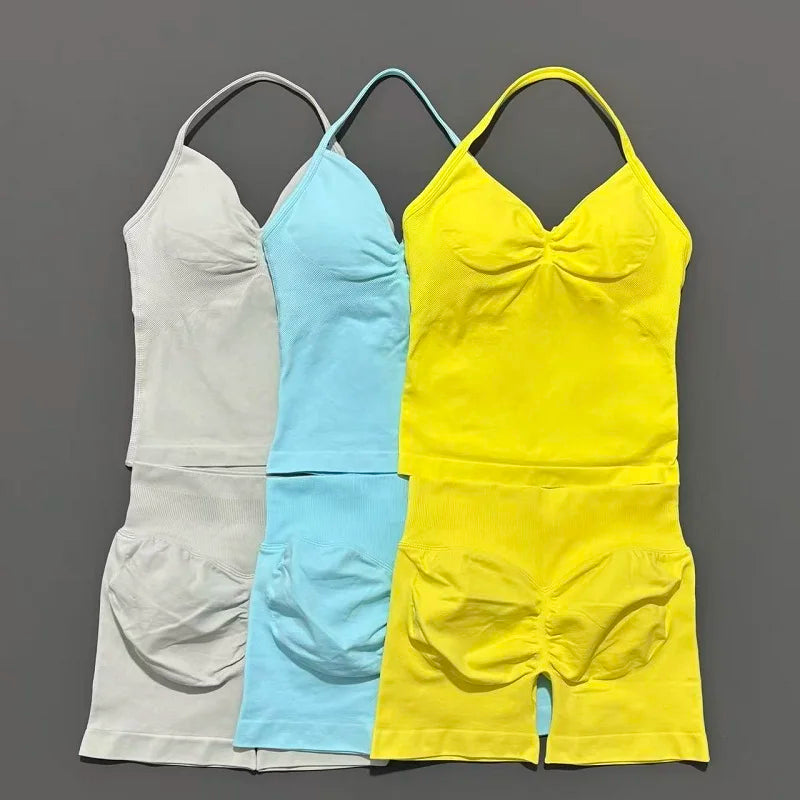 2 Pieces Sports Set Women Backless Tank Yoga Tops High Waist Scrunch Seamless Shorts Sport Gym Set Sportswear Workout Set