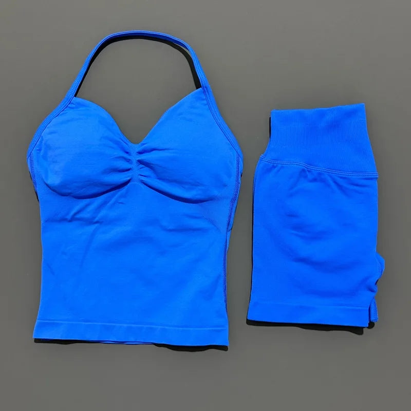 2 Pieces Sports Set Women Backless Tank Yoga Tops High Waist Scrunch Seamless Shorts Sport Gym Set Sportswear Workout Set