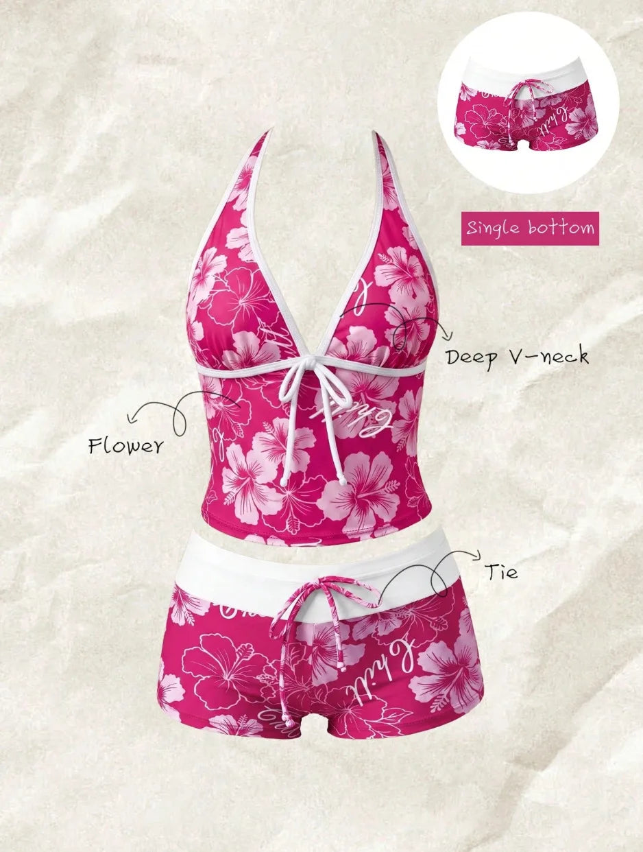 Women Swimwears Polka Dot 2-Piece Tankini Set Halter V Neck Front Tie Cami Top & Contrast Waistband Drawstring Swim Shorts