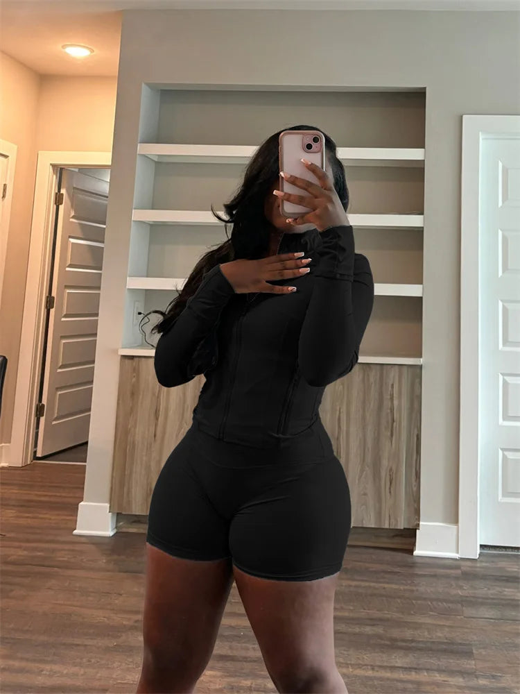 Fall Siold Bodycon Zipper Crop Top Women Tracksuits Sets+Trousers Women Black Gray 2 Two Pieces Matching Leggings Shorts Suits