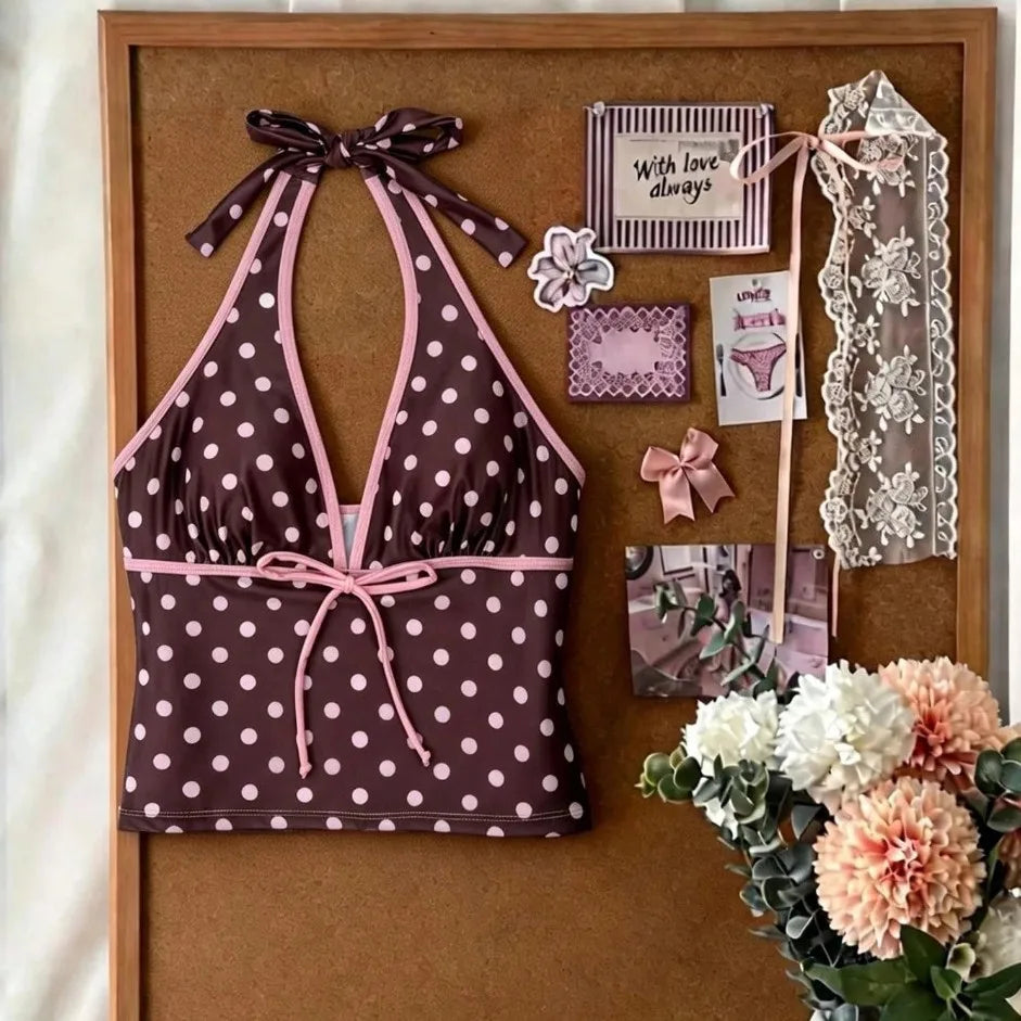 Women Swimwears Polka Dot 2-Piece Tankini Set Halter V Neck Front Tie Cami Top & Contrast Waistband Drawstring Swim Shorts