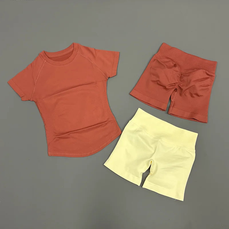 2 Pieces Sports Sets Short Sleeve Seamless Yoga Top Fitness Set Women Workout Running Sports Shorts Gym Suit