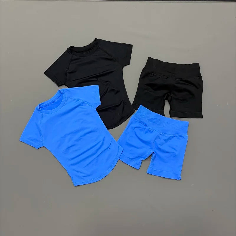 2 Pieces Sports Sets Short Sleeve Seamless Yoga Top Fitness Set Women Workout Running Sports Shorts Gym Suit
